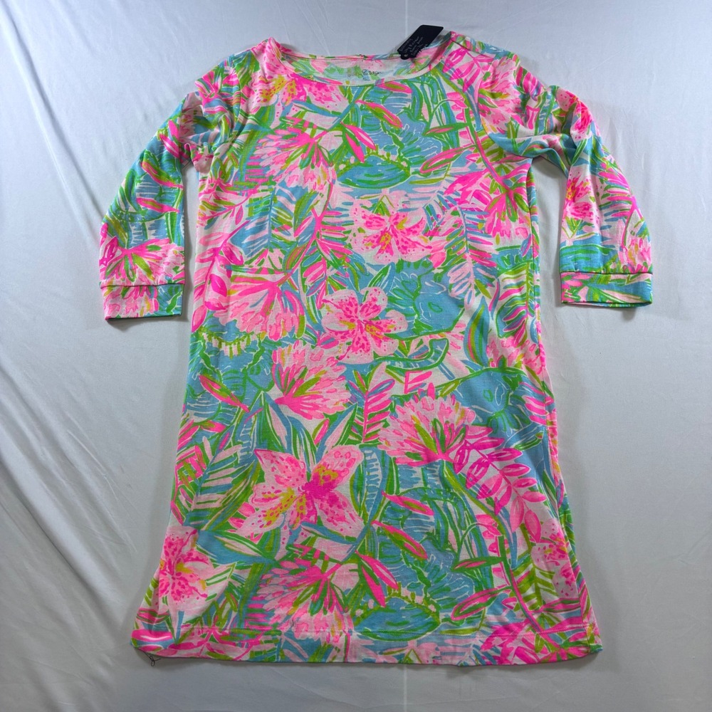 Lilly‎ Pulitzer Youth Size XL Tropical Floral Cotton 3/4 Sleeve Shift Dress